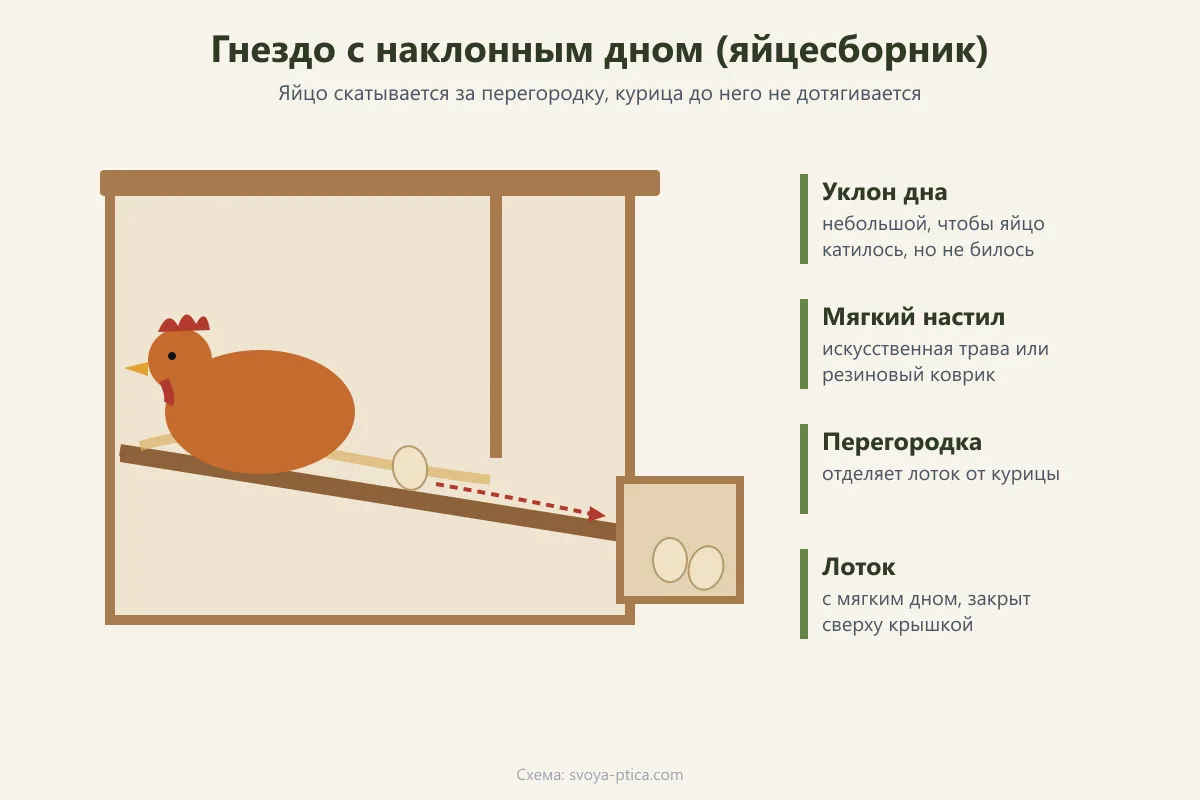 Схема гнезда с наклонным дном и яйцесборником