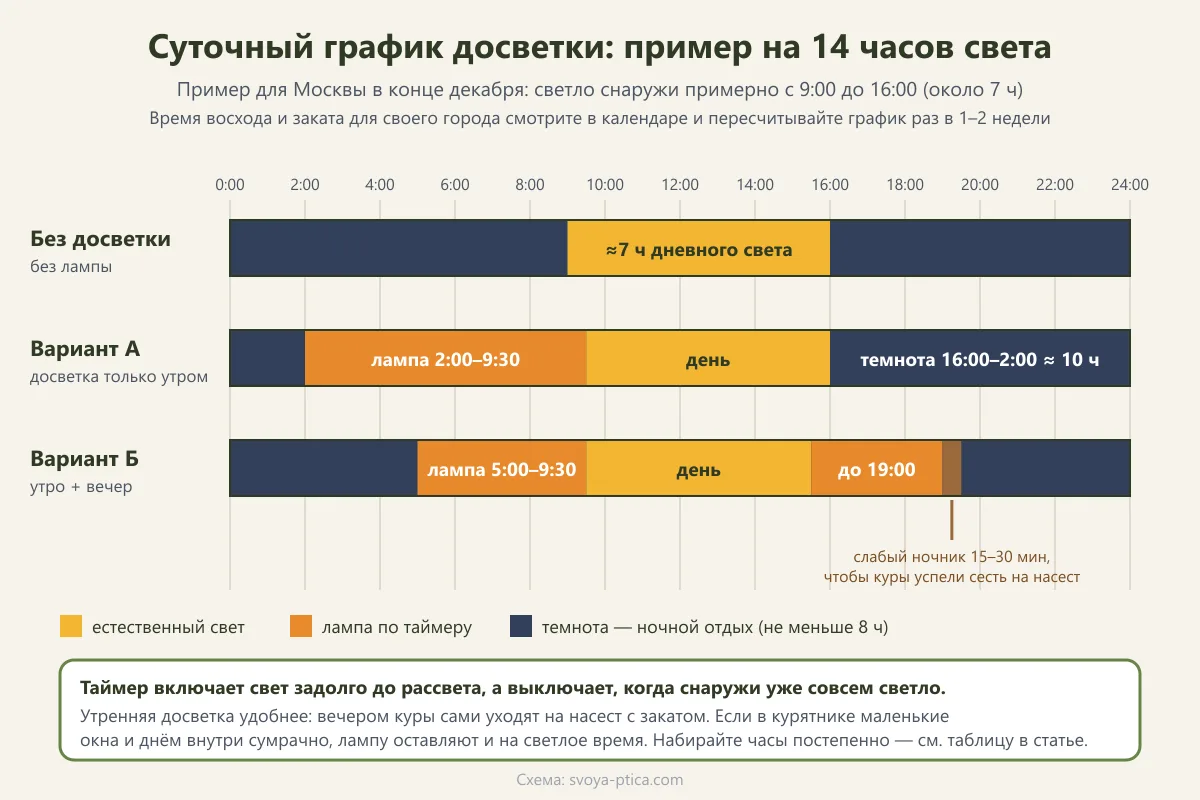Схема: суточный график досветки кур — естественный свет, лампа утром и вариант утро плюс вечер