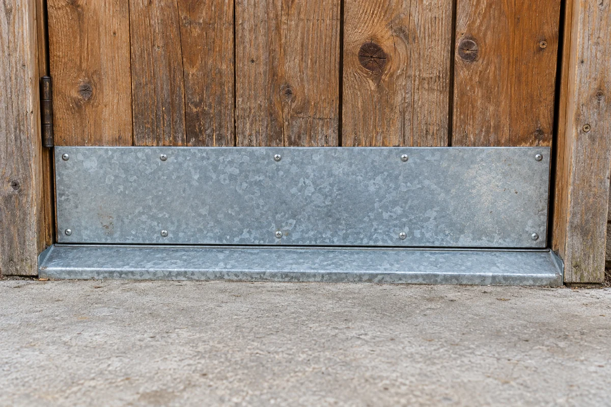 Закрытая дверь курятника с металлической защитой нижней кромки и плотным порогом