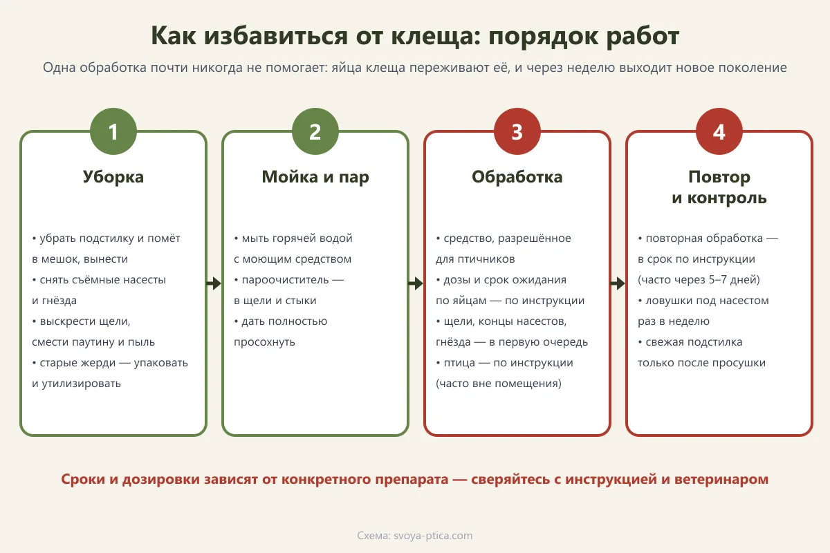 Схема: порядок обработки курятника от клеща в 4 шага