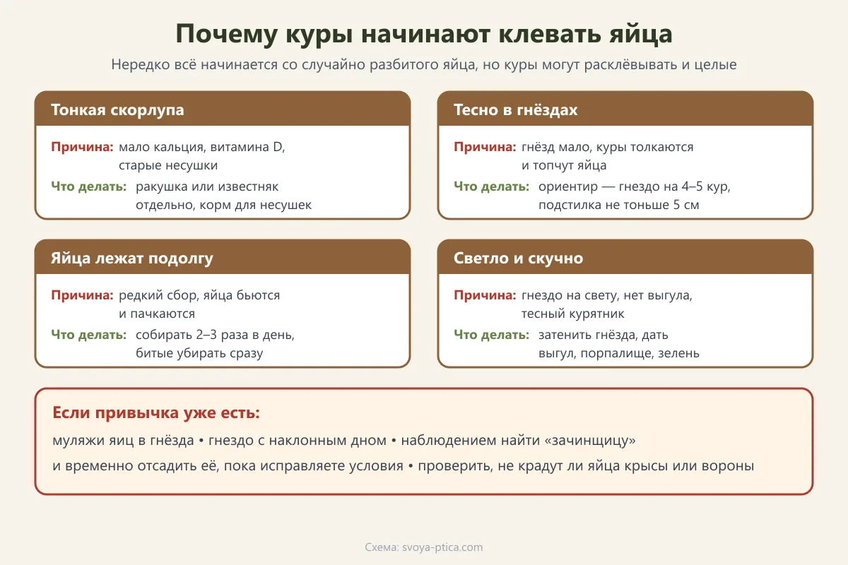 Схема: причины расклёва яиц у кур и что делать