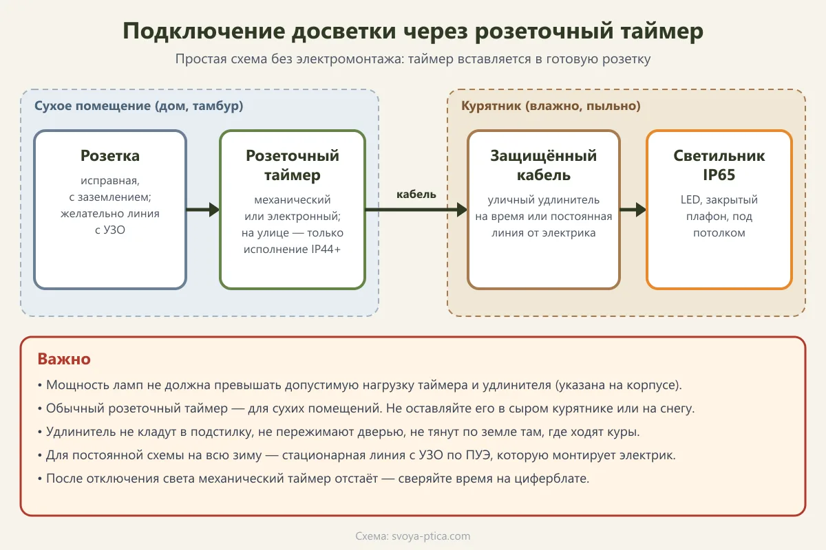Схема подключения досветки: розетка, розеточный таймер, защищённый кабель, влагозащищённый светильник IP65