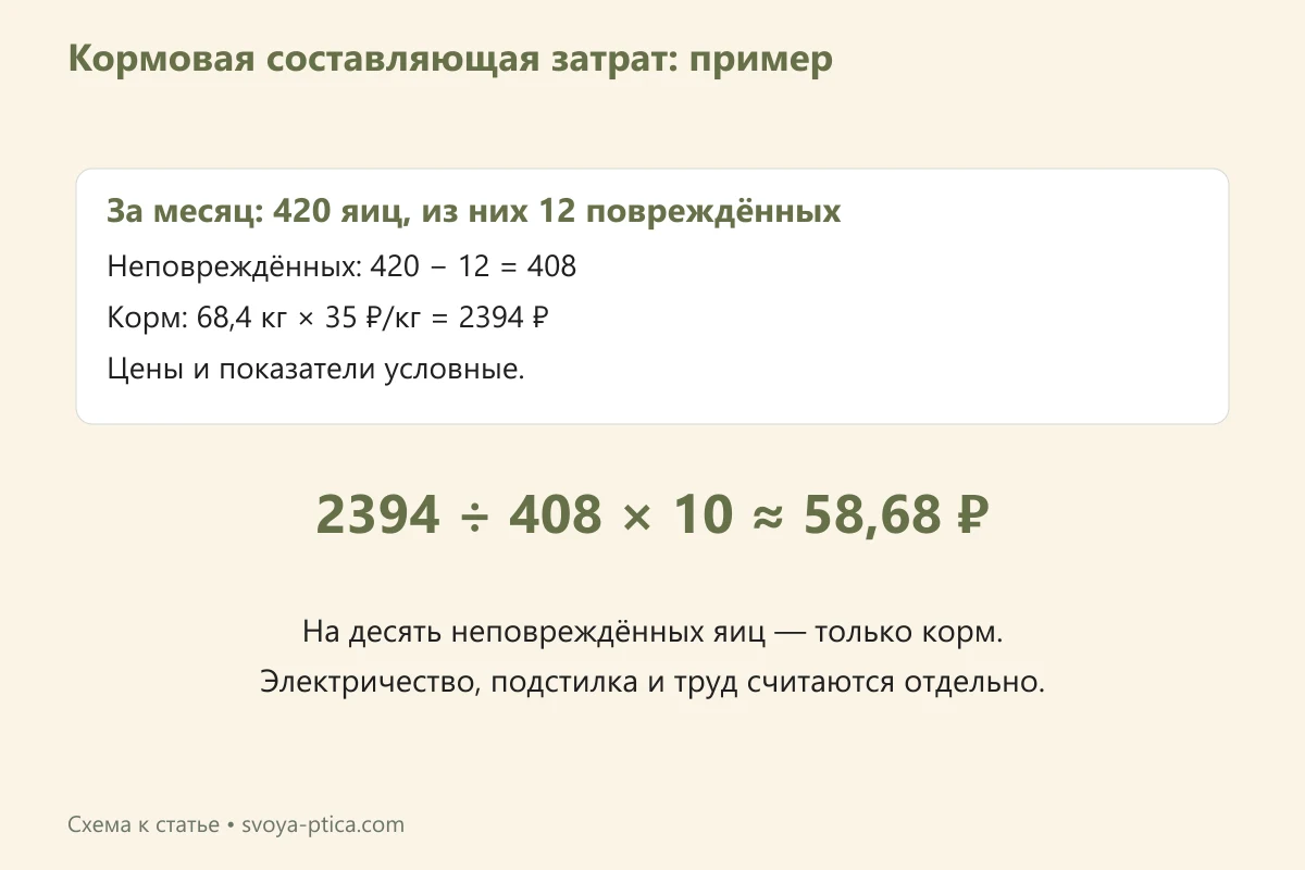 Кормовые затраты в учебном примере: 68,4 килограмма по 35 рублей дают 2394 рубля; на десять неповреждённых яиц приходится 58,68 рубля