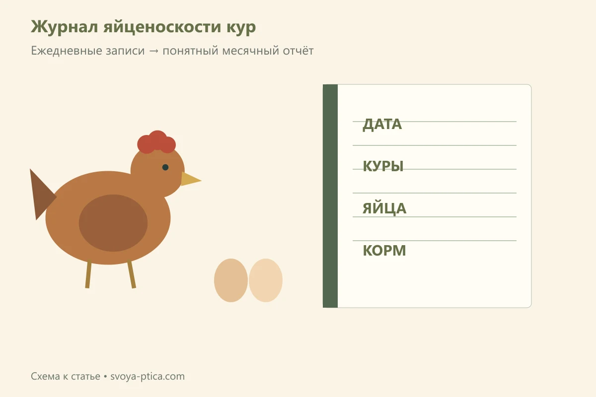 Иллюстрация журнала яйценоскости: курица, яйца и таблица ежедневных наблюдений