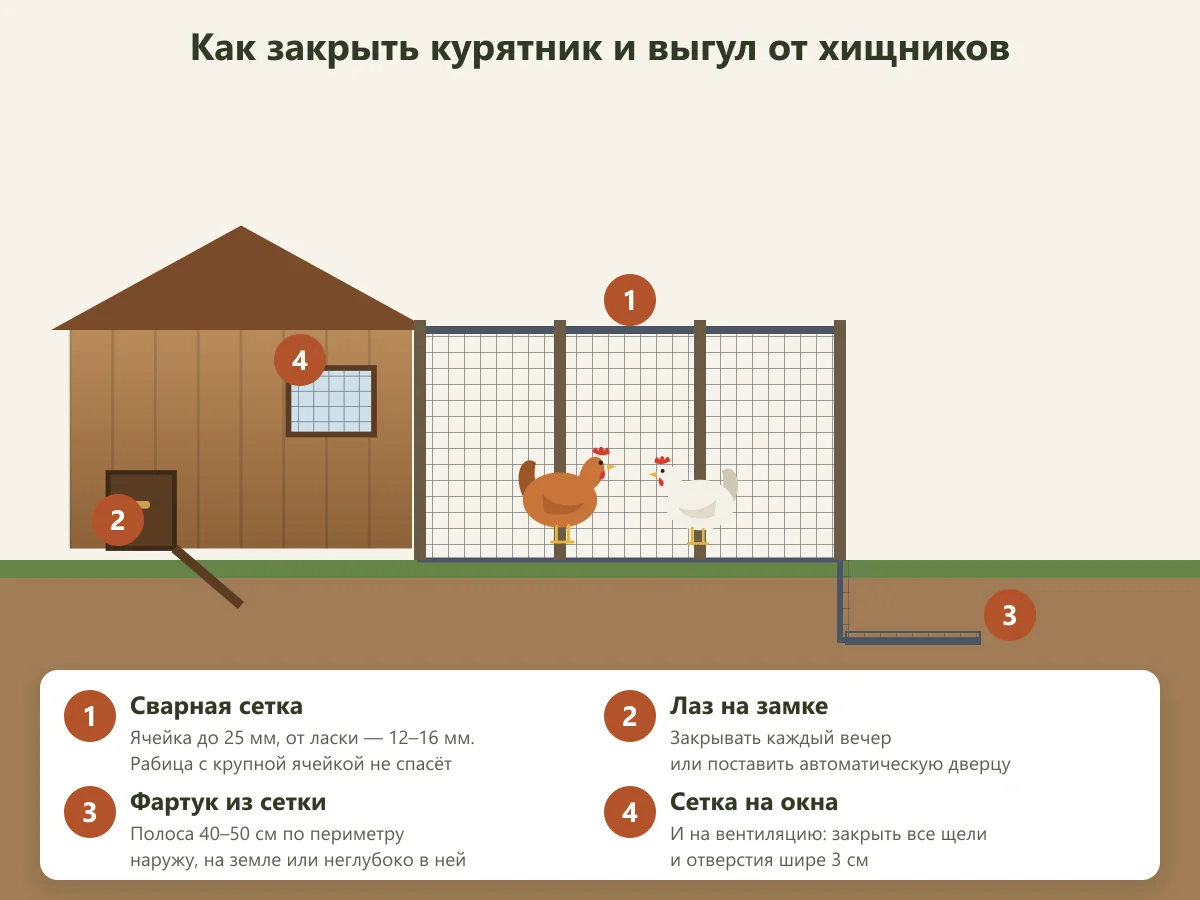 Схема защиты курятника: сварная сетка, лаз на замке, сетка-фартук против подкопа, сетка на окнах